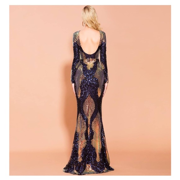 Women’s Black Blue Gold 1920’s Sequin Gown Mermaid Style Sz Small NWT - Picture 3 of 9